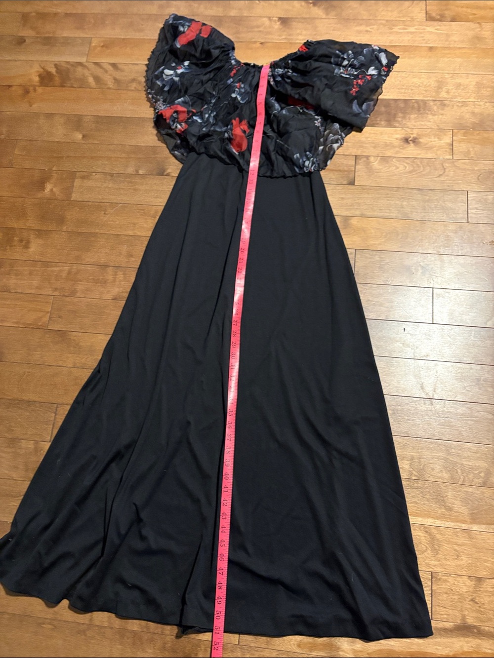 Black Maxi Dress with off the shoulder Floral Ruffle Neckline - Picture 6 of 6